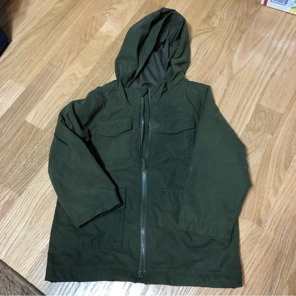 Old Navy Hunter Green Cargo Jacket Light Hooded Full Zip 3T Kids Toddler Coat